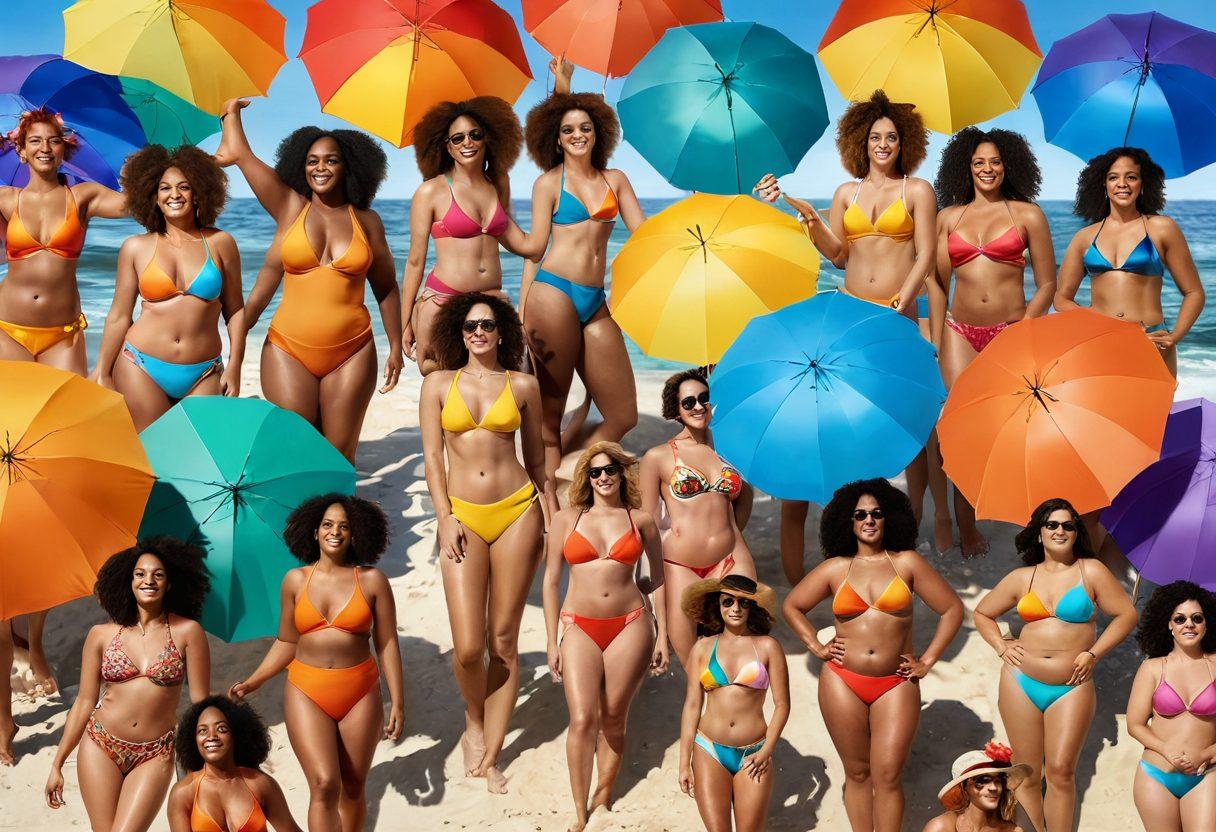A vibrant beach scene featuring diverse individuals of various body types joyfully wearing inclusive swimwear in a rainbow of colors. Include fun beach accessories like colorful beach umbrellas and towels, with a lively ocean backdrop reflecting warm summer sunlight. The atmosphere should radiate positivity and celebration of body diversity and the spirit of Pride. super-realistic. vibrant colors. sunny atmosphere.