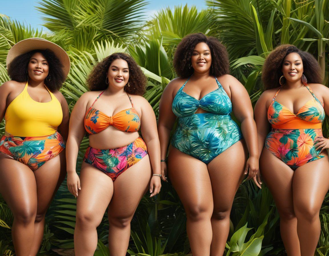 A vibrant beach scene showcasing diverse plus-size individuals confidently wearing colorful swimwear, surrounded by tropical plants and a bright sun. The focus is on inclusivity and body positivity, with a mix of patterns and styles that reflect the latest swimwear trends. Include splashes of ocean waves and playful beach activities in the background. tropical vibe. vibrant colors. super-realistic.
