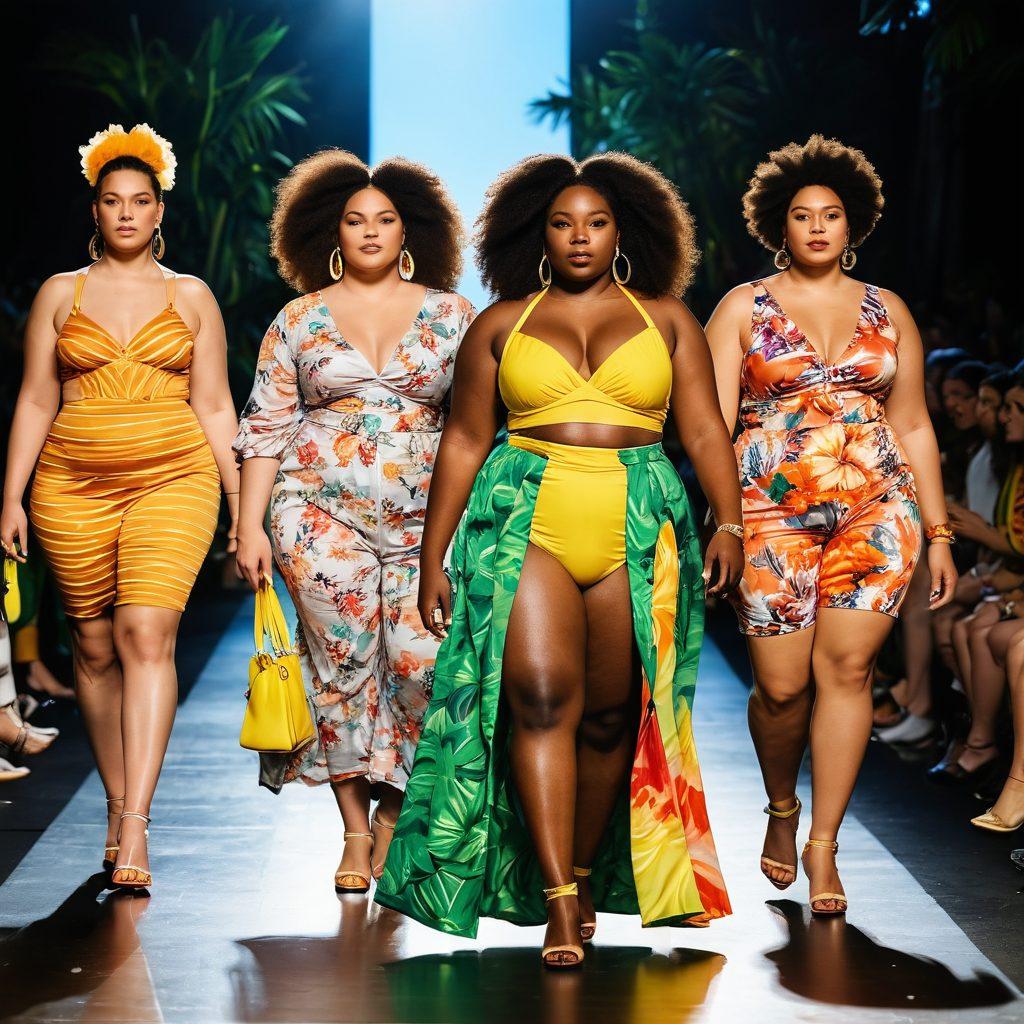 A vibrant fashion runway scene showcasing diverse models of various body types from the LGBTQ+ community, wearing a mix of summer styles in bold colors and patterns. Emphasize confidence and joy, with playful accessories and background elements like sunshine and tropical plants. Capture a sense of inclusivity and body positivity. super-realistic. vibrant colors. dynamic composition.